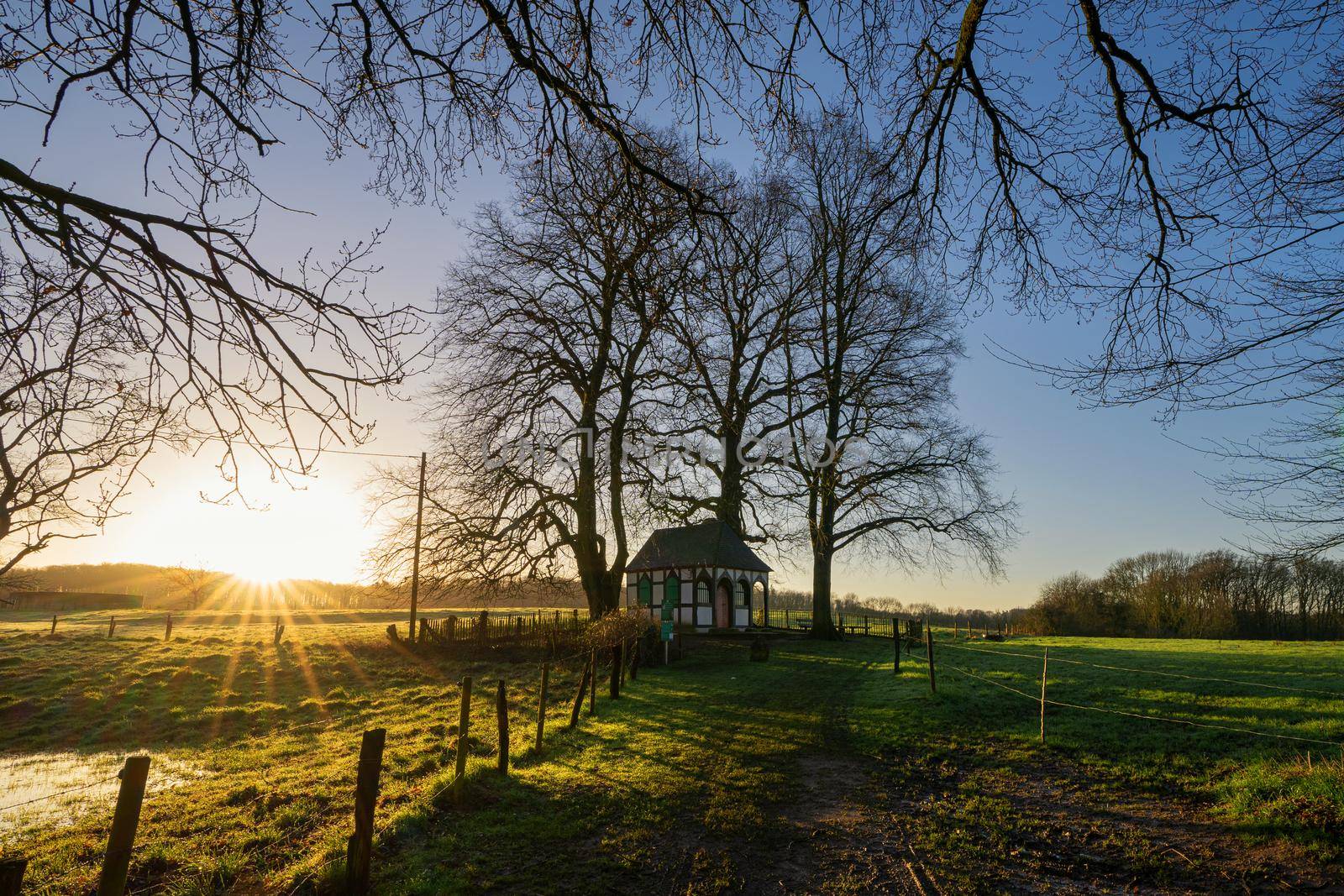 Panoramic image of small chapel under trees during sunrise, Bergisch Gladbach, Germany