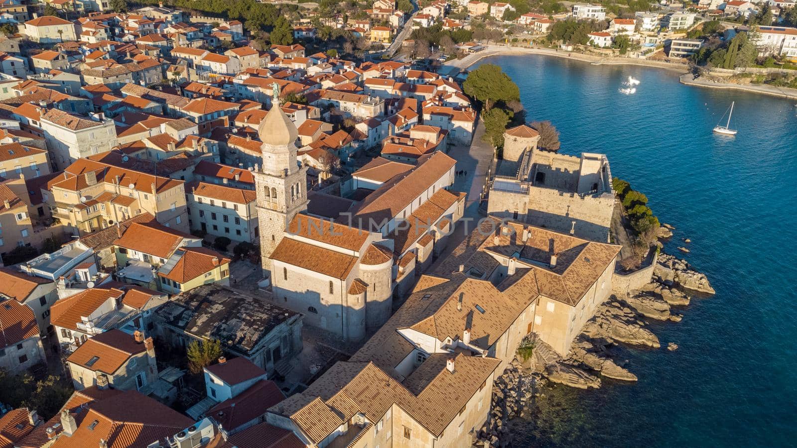 Aerial view of historic Adriatic town of Krk , Island of Krk, Kvarner bay of Adriatic sea, Croatia, Europe.