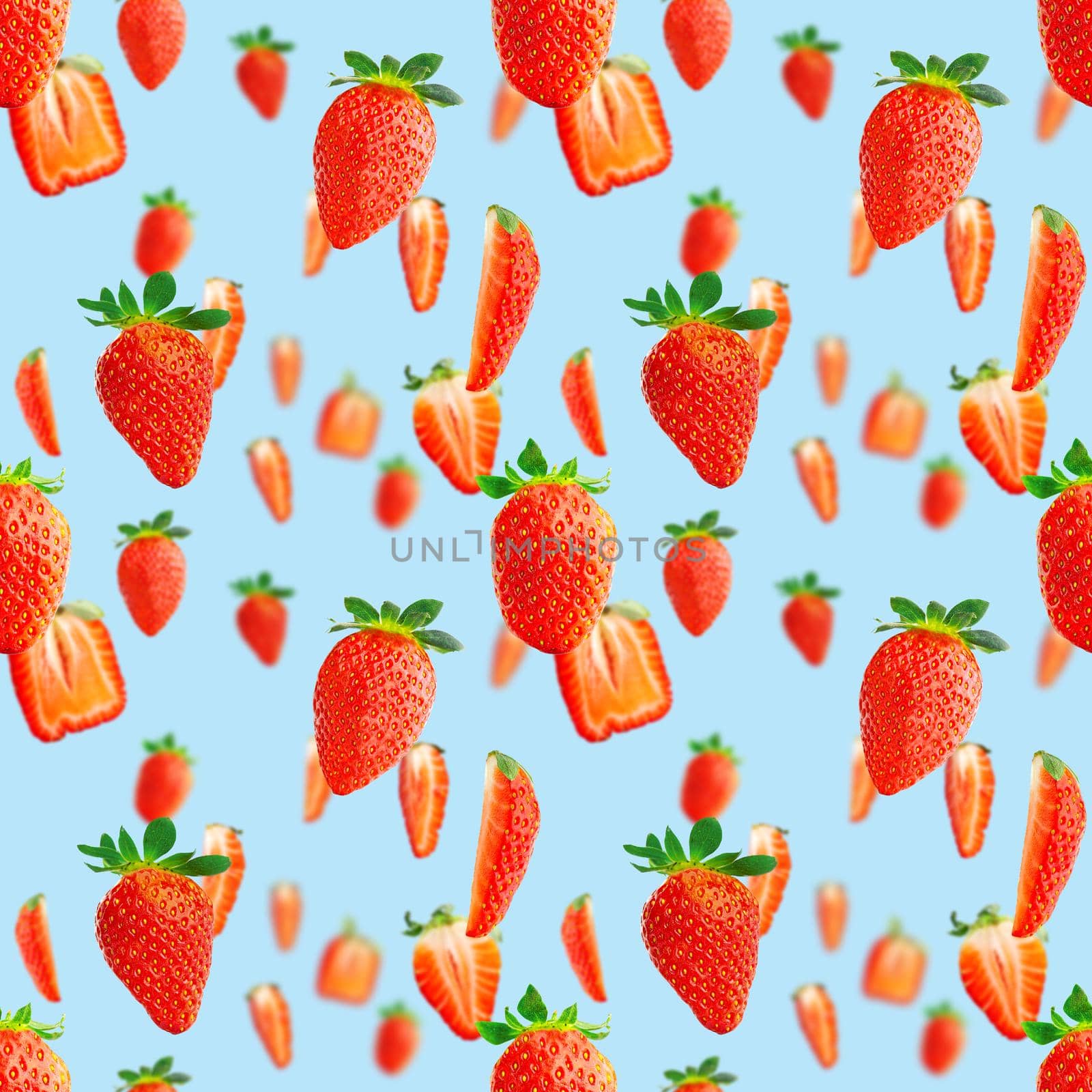Strawberry seamless pattern. Ripe strawberries isolated on blue. package design background. by PhotoTime