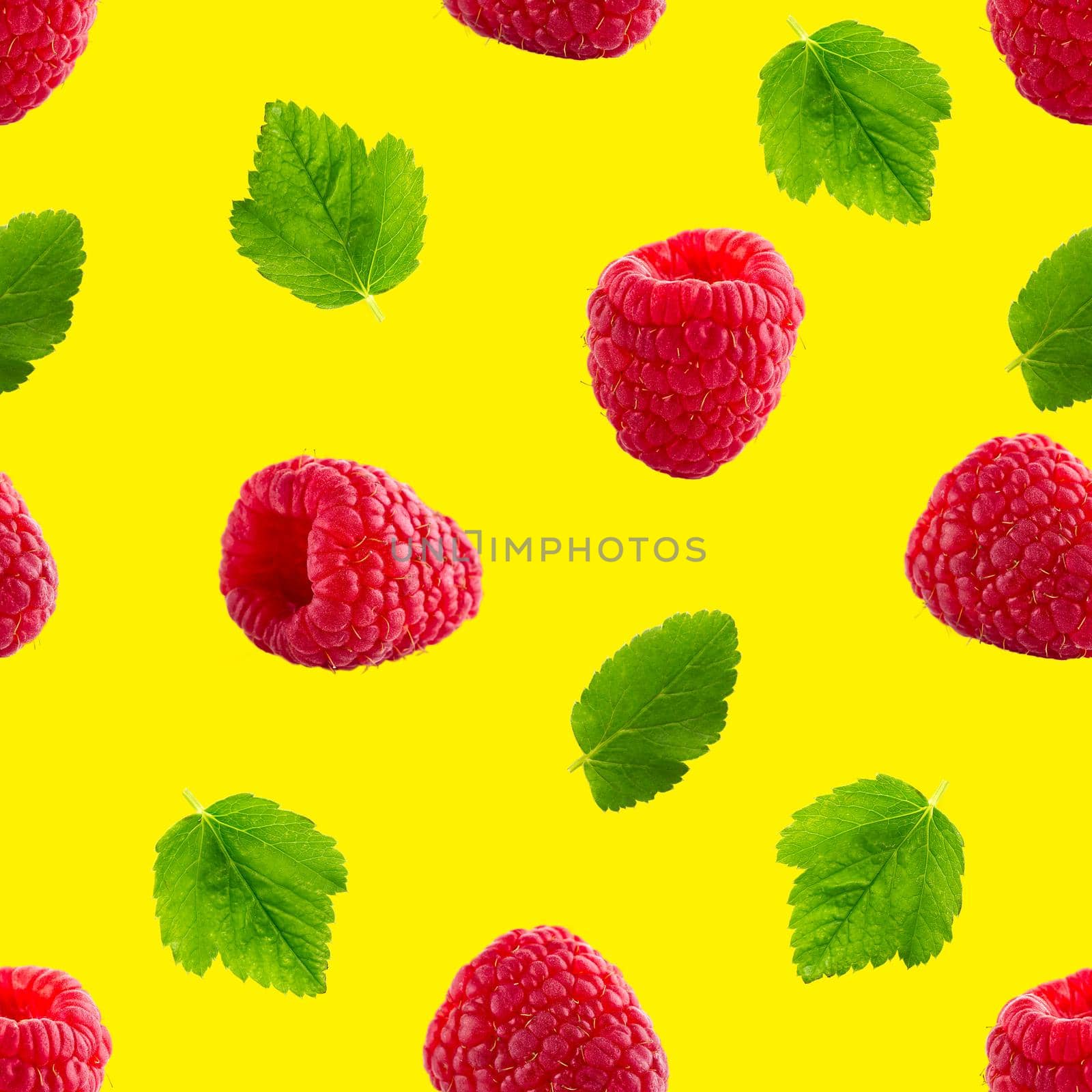 Seamless pattern with ripe raspberry. Berries abstract background. Raspberry pattern for package design with yellow background.
