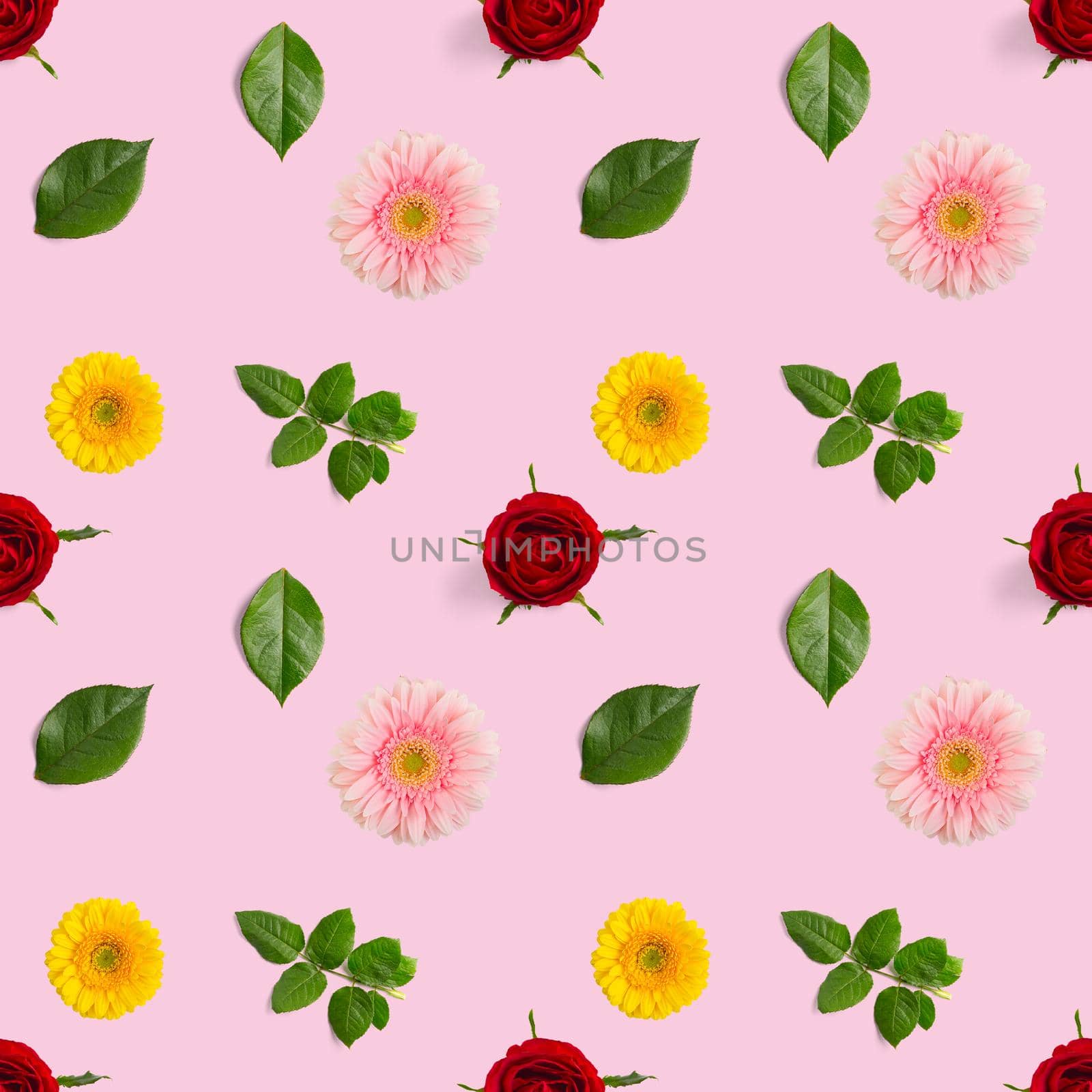 summer flowers seamless pattern. Gerbera and rose pattern by PhotoTime