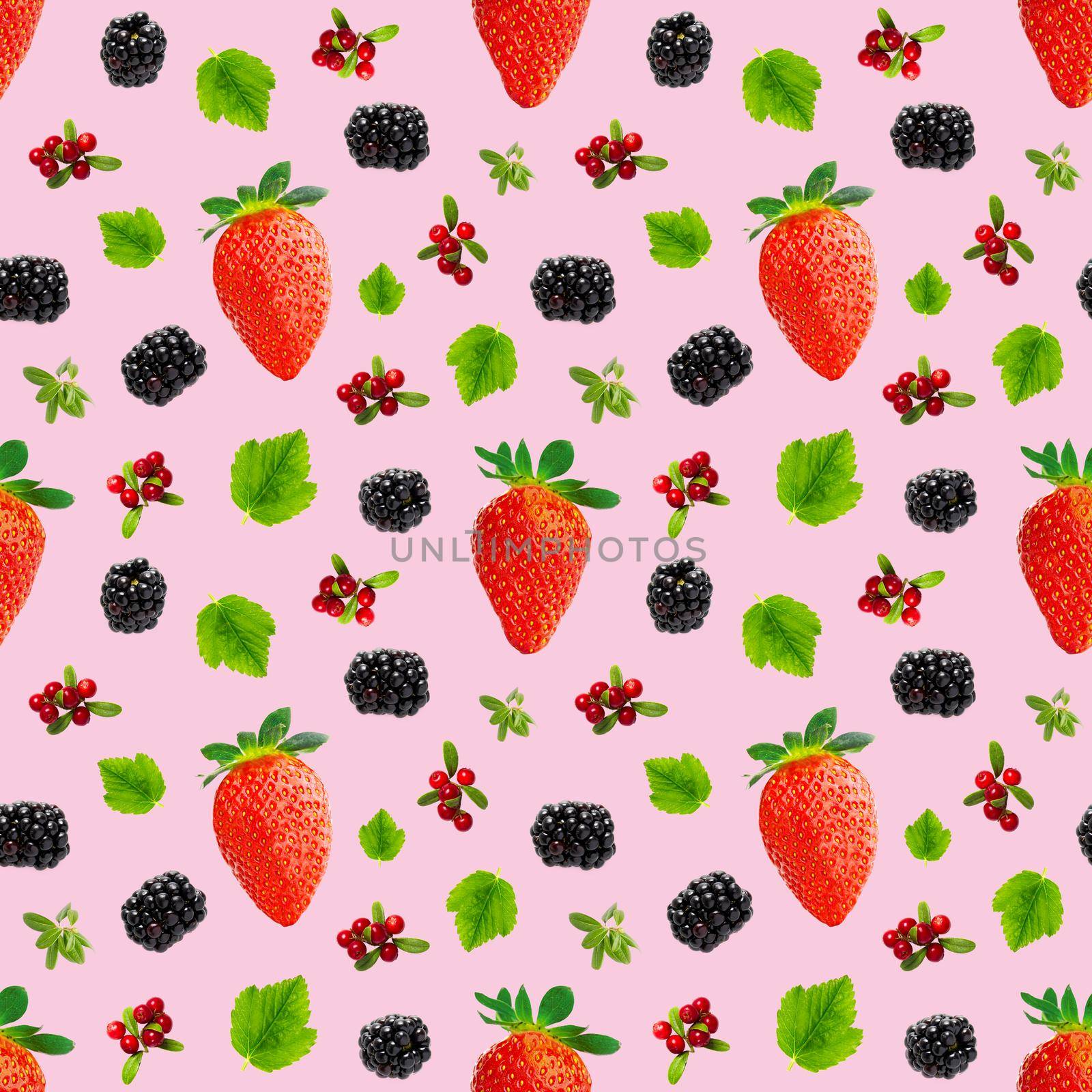 Falling berries seamless pattern isolated on pink background, different flying forest berries. Strawberry, cranberry, bramble