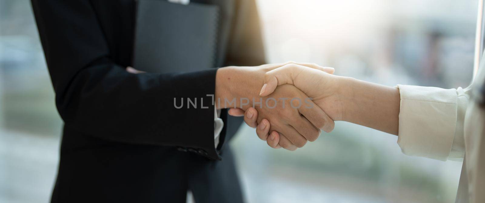Close up of Business people shaking hands, finishing up meeting, business etiquette, congratulation, merger and acquisition concept by nateemee