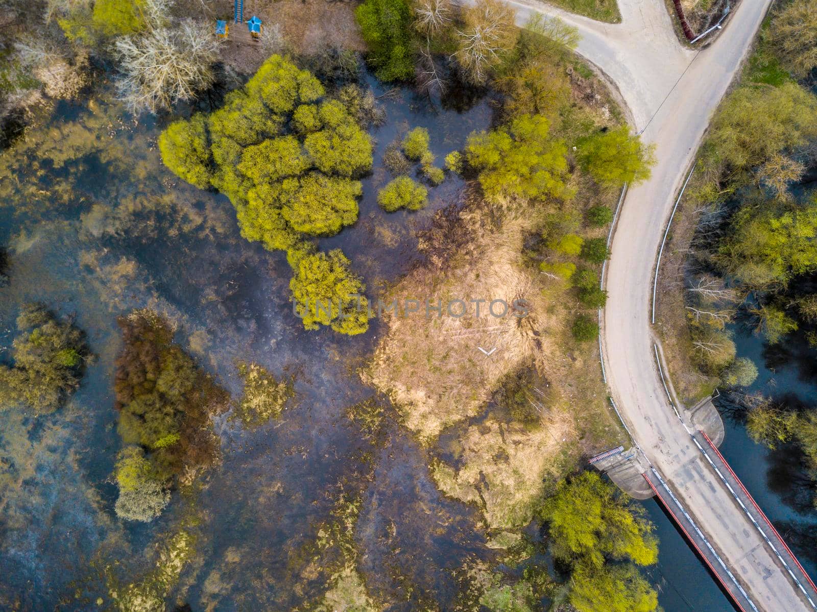 A small bridge over beautiful river in a field near the forest. Summer landscape. top view by lempro