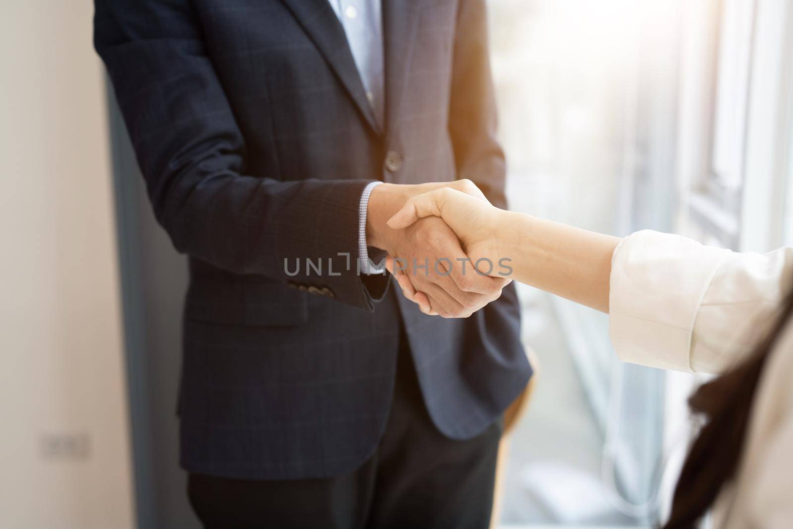 Business asian agreement and successful negotiation concept, businessman in suit shake hand with customer, client after formal communication and contract deal success.