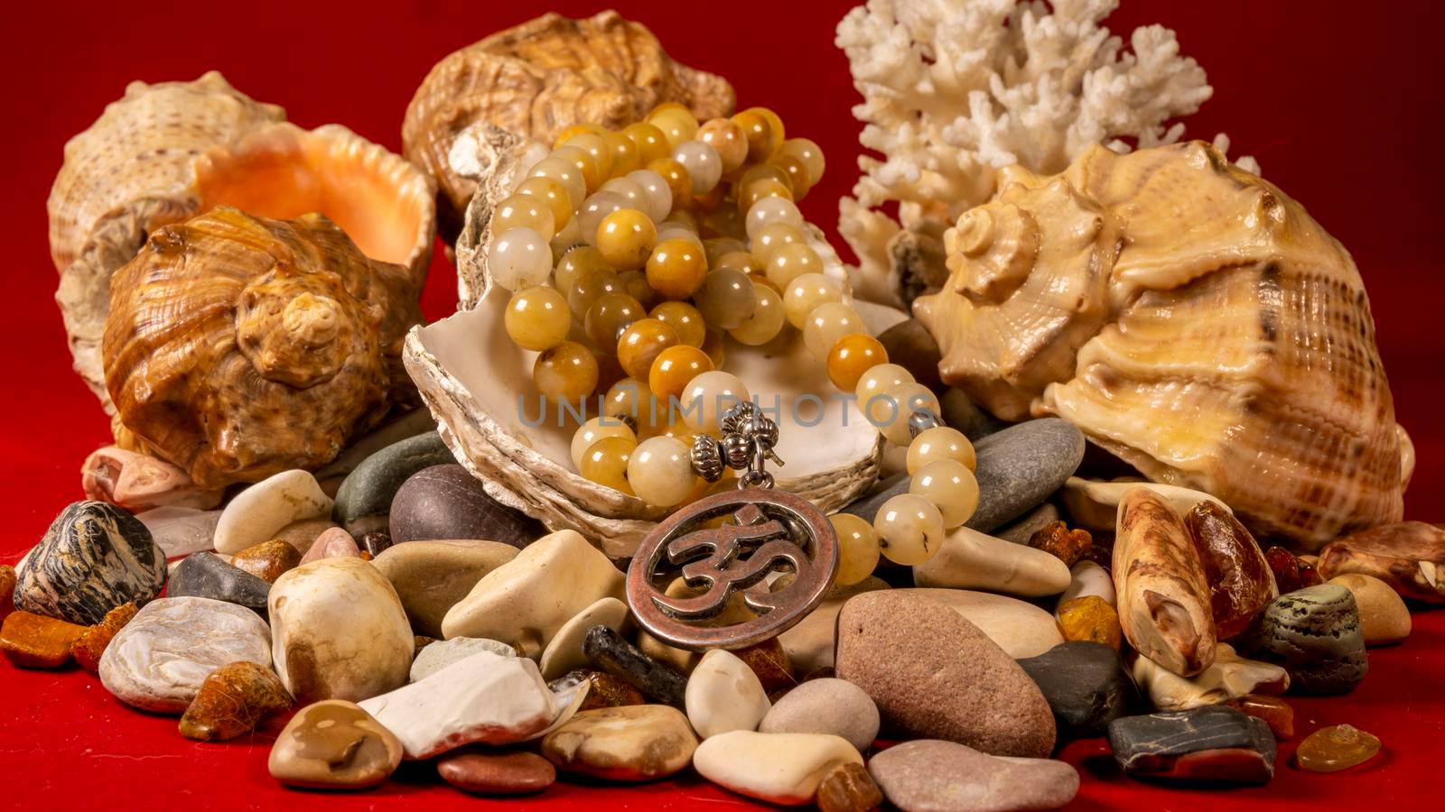 Buddhist prayer beads Mala are the conch shell on the sea rocks surrounded by sea shells. close-up by lempro