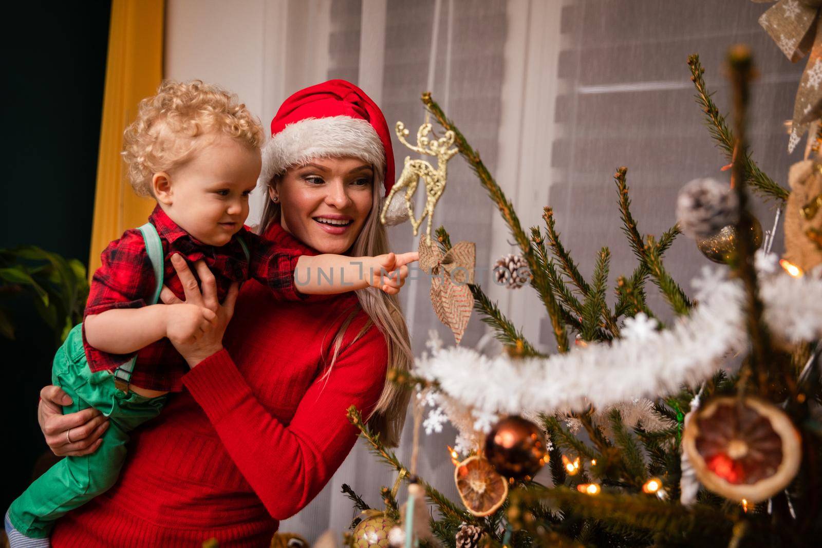 Mom is carrying her little son in her arms and he is pointing his finger at the Christmas tree with a bow on it. A woman wearing a red Santa hat.