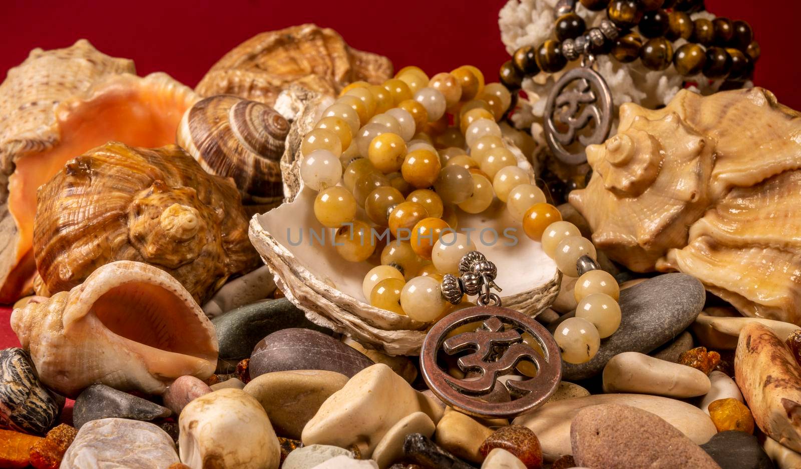 Buddhist prayer beads Mala are the conch shell on the sea rocks surrounded by sea shells. close-up by lempro