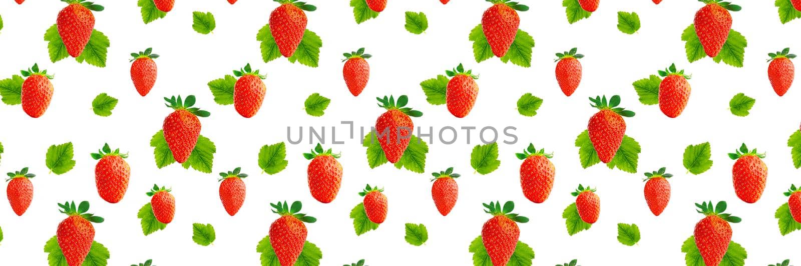 Colorful background of strawberries on white backdrop. Top view, flat - lay banner by PhotoTime