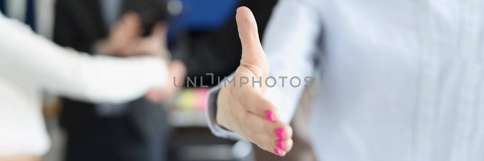 Close-up of woman willing to shake your hand, nice to meet you, welcome to company, successful contract, good deal, beneficial agreement for both sides. Business, development, career concept