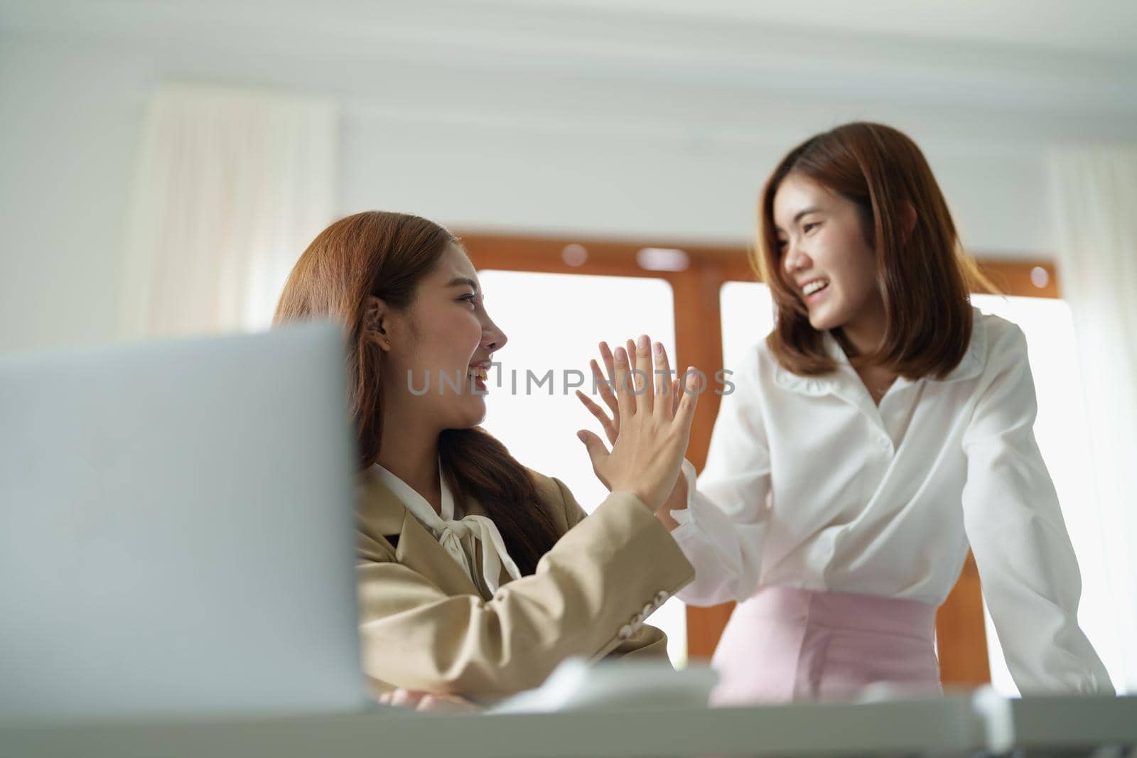 Young businesswoman celebrating success by doing the high-five in office hall. Two business people high-five. Job well done. Two excited business colleagues team give high five.