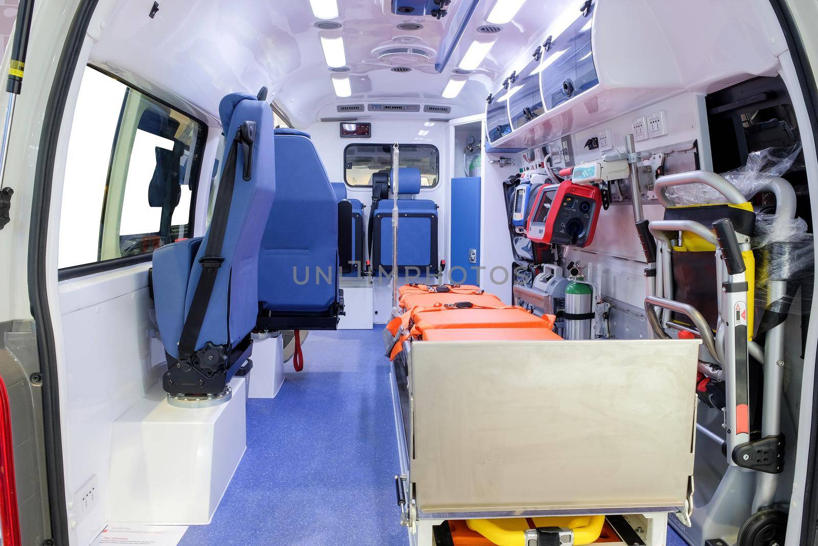 Inside an ambulance car with medical equipment for helping patients before delivery to the hospital