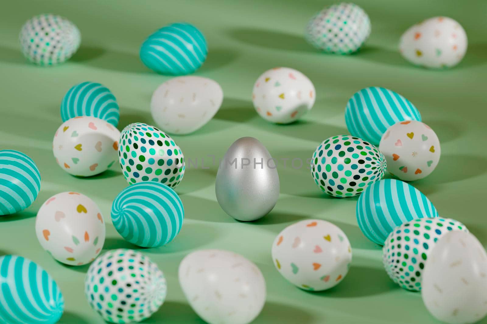 Colored Easter eggs surrounding silver egg on green background. 3d render