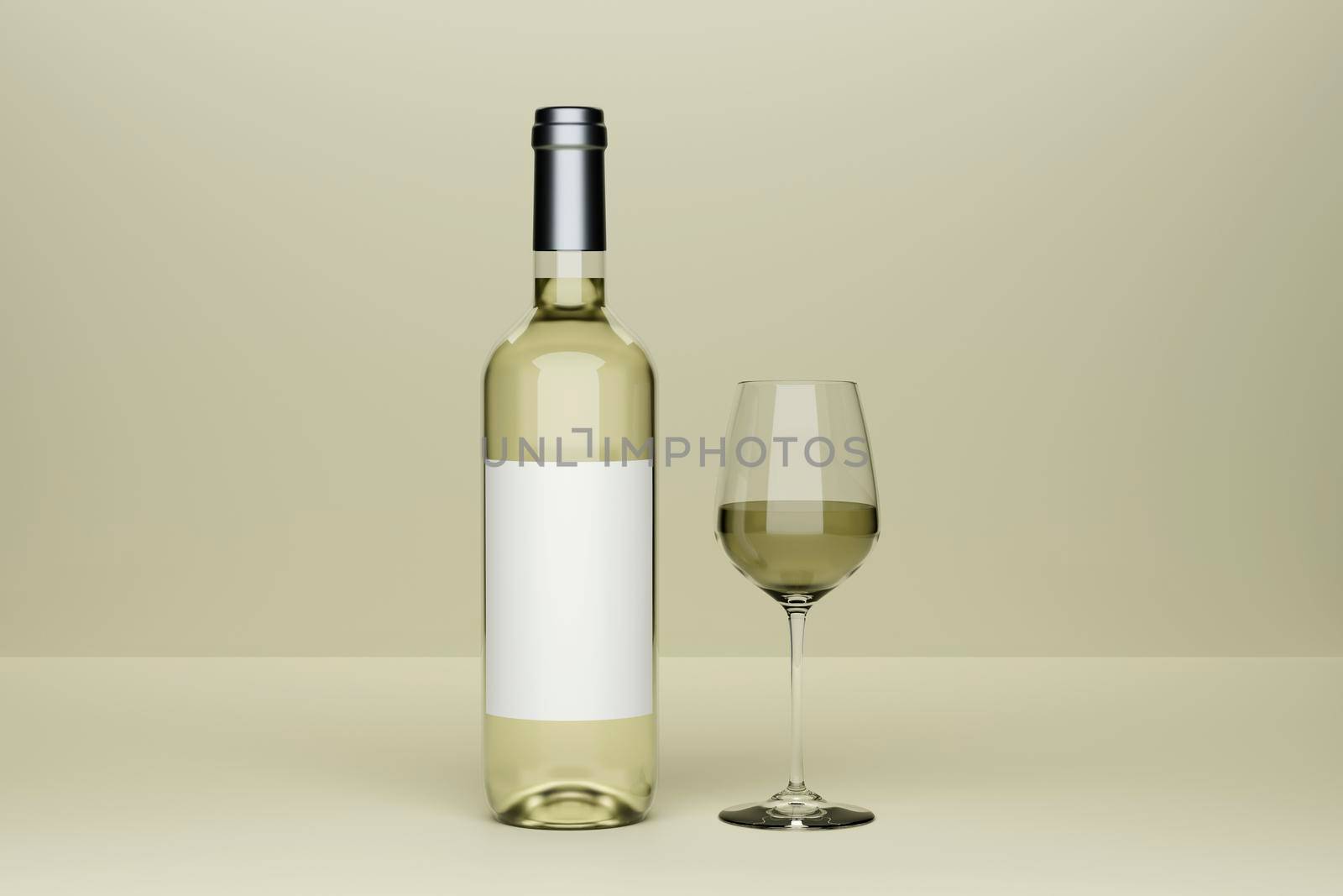 Bottle of white wine with label and a glass goblet in photo-realistic style on a clear green background. 3d realism render