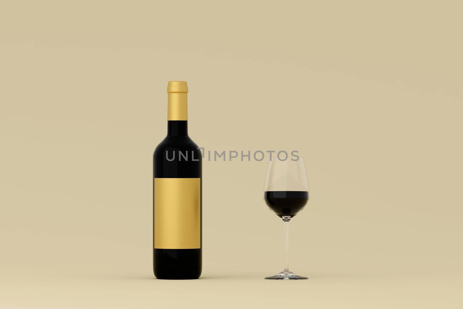 A bottle and glass of red wine on a white background, 3D illustration by raferto1973
