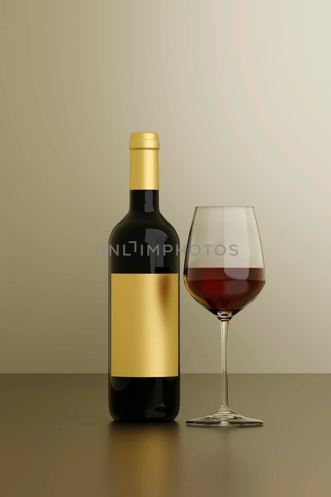 A bottle and glass of red wine on a white background, 3D illustration by raferto1973