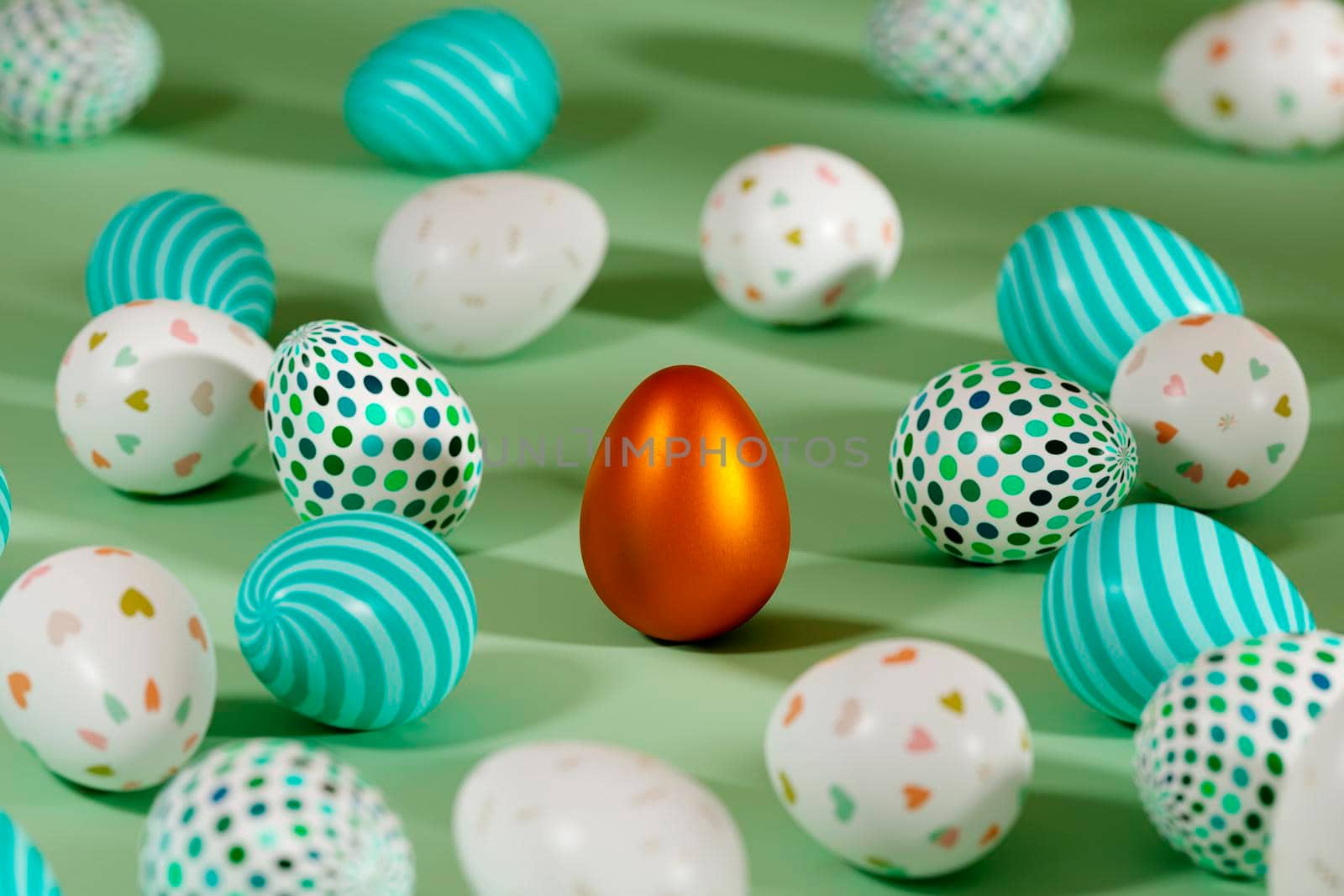 Colored Easter eggs surrounding golden egg on green background. 3d render