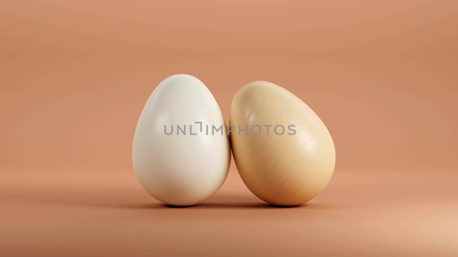 Chicken white and brown eggs isolated on orange background. 3d render