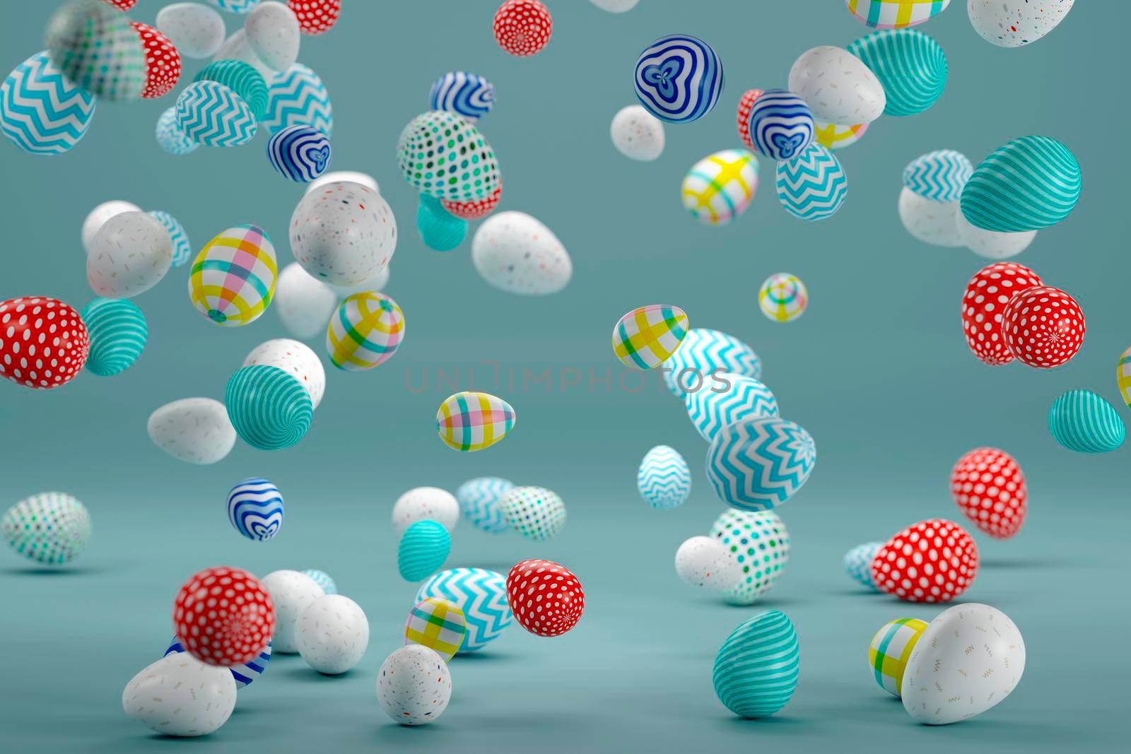 Colored Easter eggs floating in the air. 3d render by raferto1973