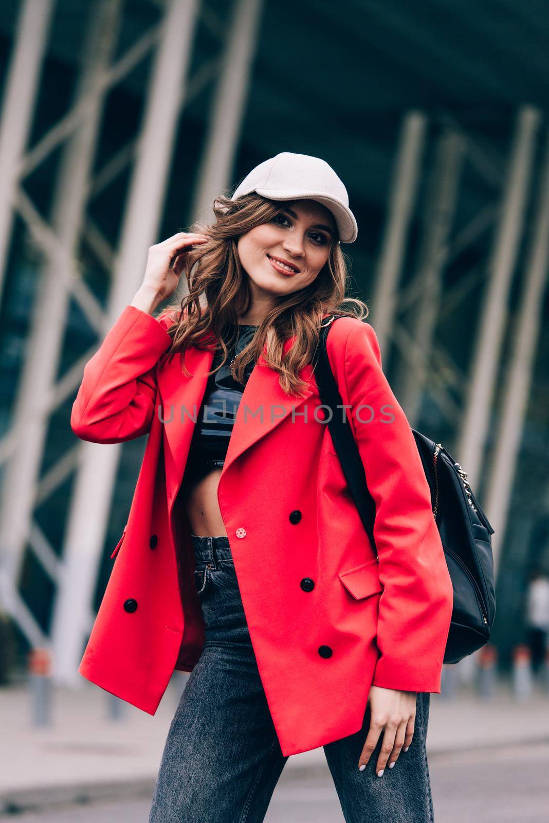 glamour woman in trendy outfit posing against the building urban background, fashion look. Outdoor fashion portrait of stylish young woman by Ashtray25