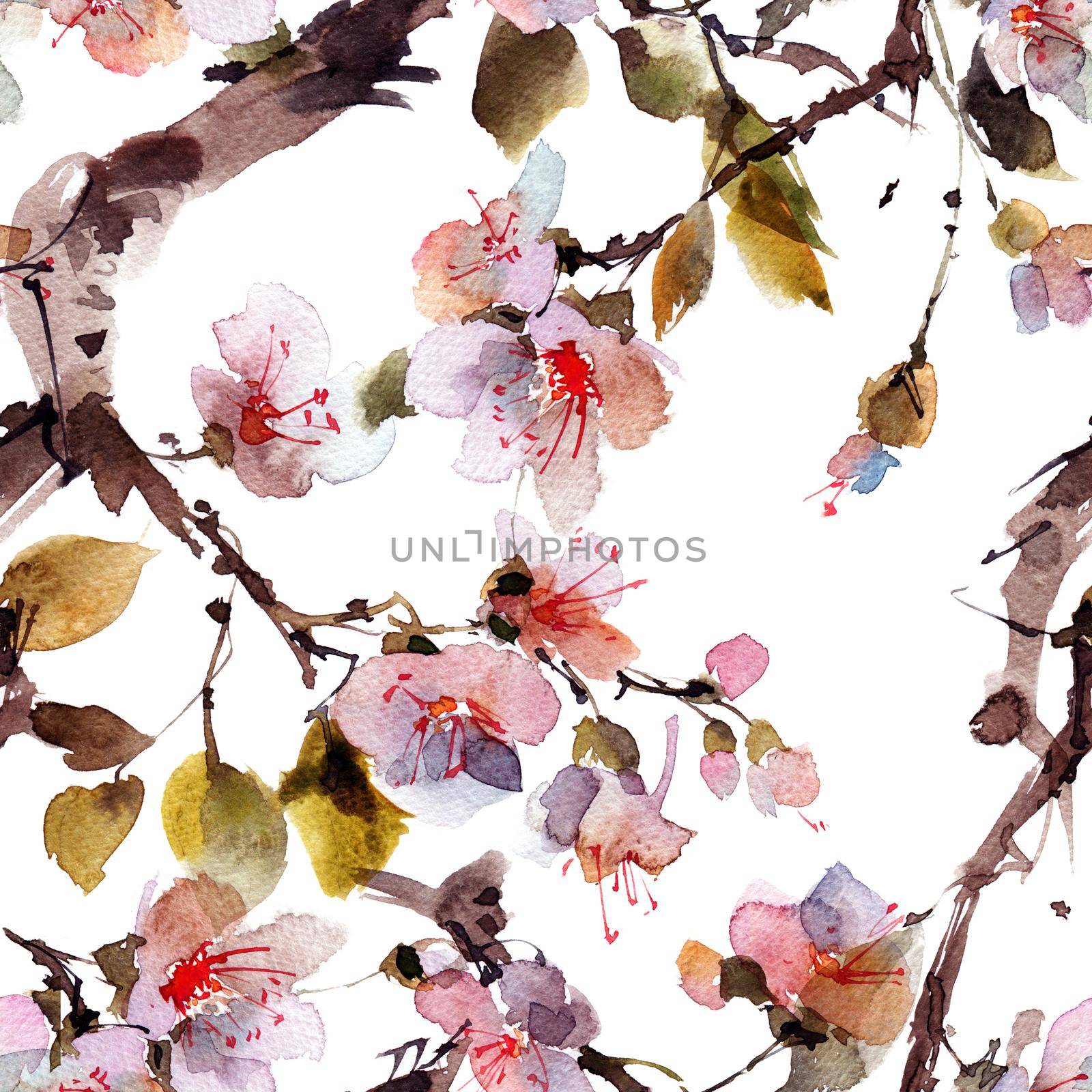 Watercolor seamless pattern with blossom sakura branch, oriental traditional sumi-e painting
