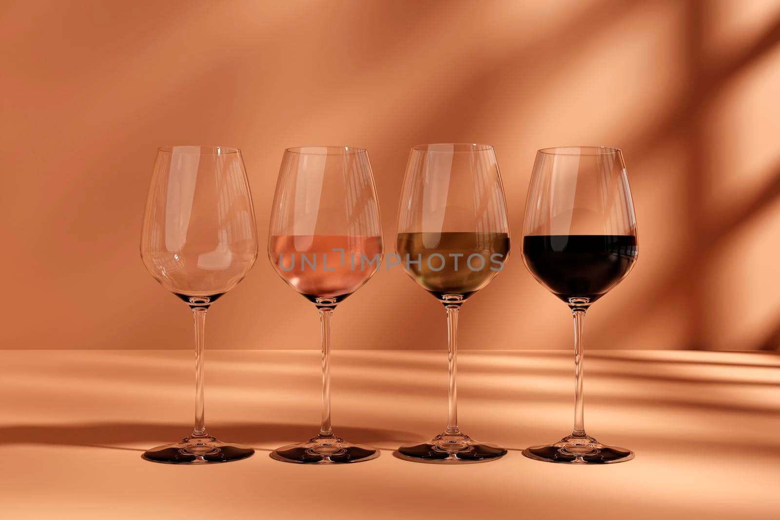 Set transparent 3d wine glasses empty, white, rose and red wine. 3d render