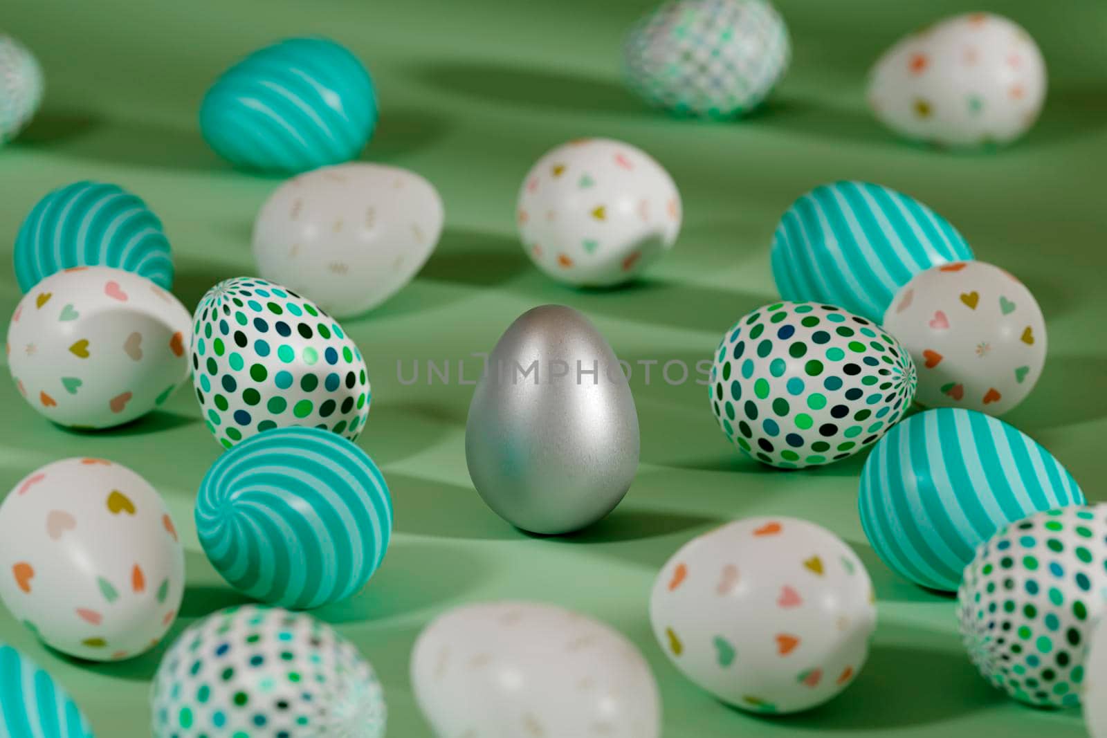 Colored Easter eggs surrounding silver egg on green background. 3d illustration by raferto1973