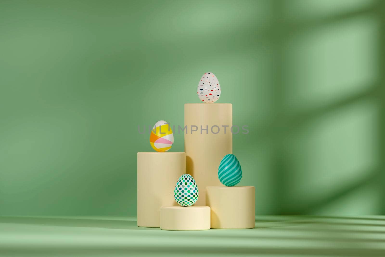 Easter eggs decorated on podiums, green background, spring April holidays card, 3d render by raferto1973