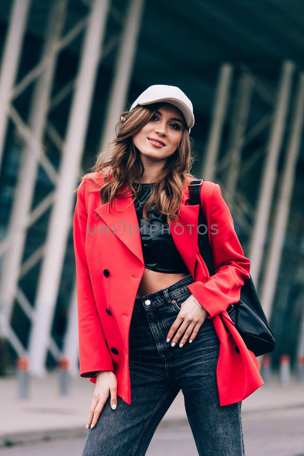 glamour woman in trendy outfit posing against the building urban background, fashion look. Outdoor fashion portrait of stylish young woman by Ashtray25