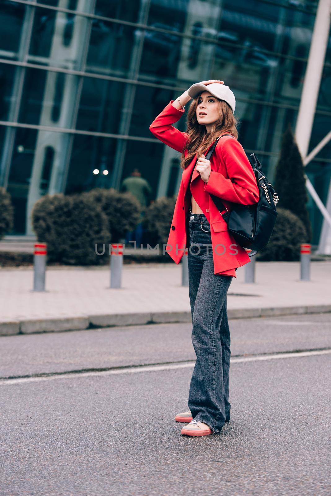 glamour woman in trendy outfit posing against the building urban background, fashion look. Outdoor fashion portrait of stylish young woman by Ashtray25