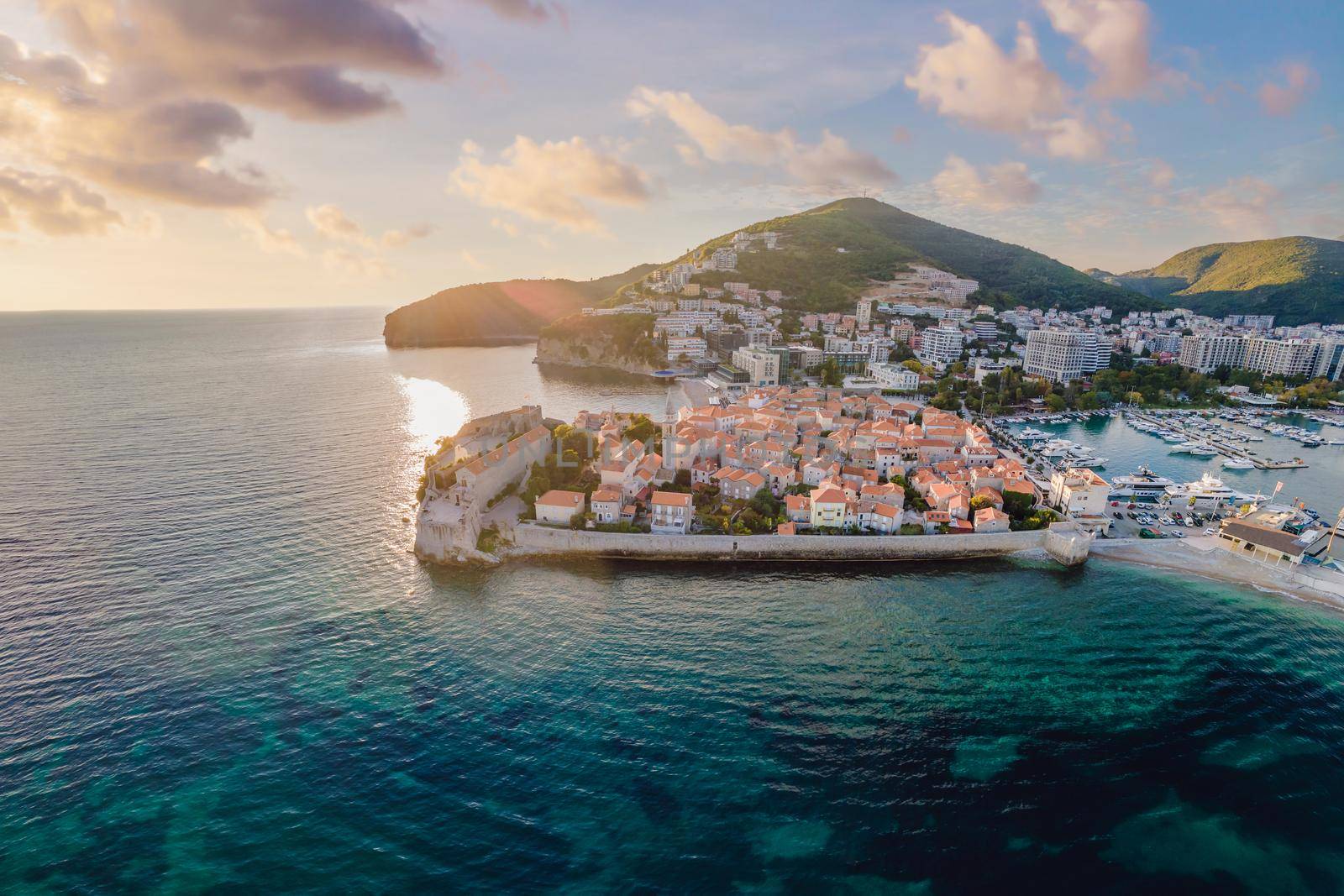 Old town in Budva in a beautiful summer day, Montenegro. Aerial image. Top view by galitskaya