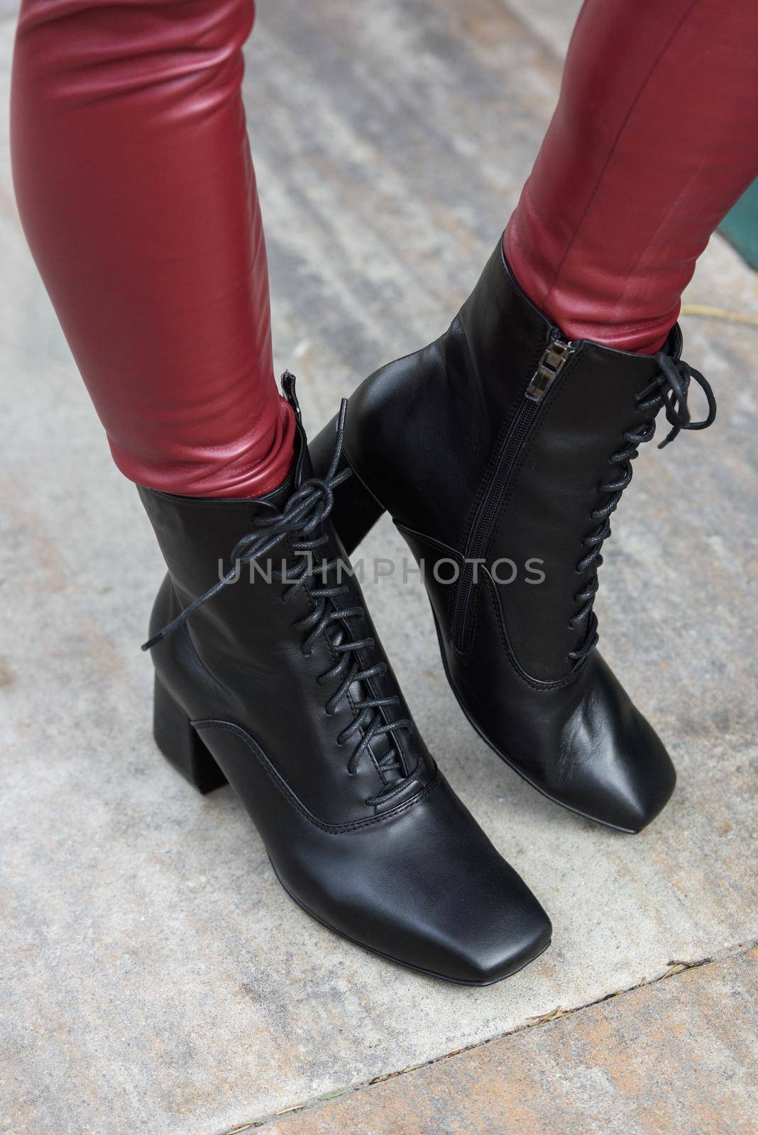 Amaze low lace up square toe block heel ankle black leather boots. top view. red leggings by Ashtray25