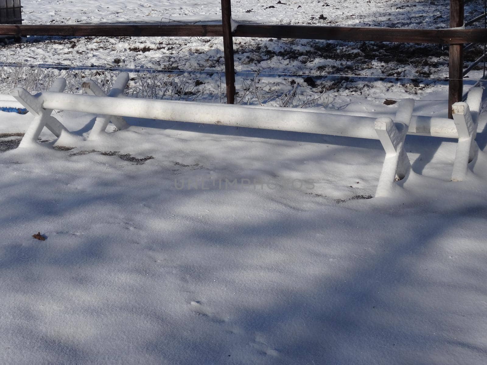 Small white obstacles on the frozen snowcovered ground in front of a fence