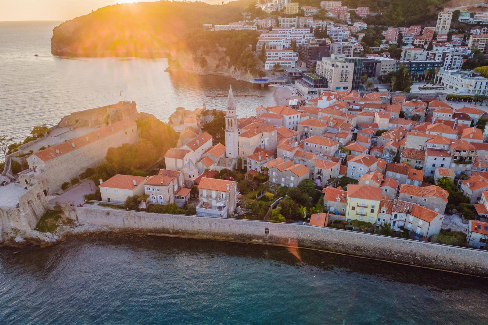 Old town in Budva in a beautiful summer day, Montenegro. Aerial image. Top view by galitskaya