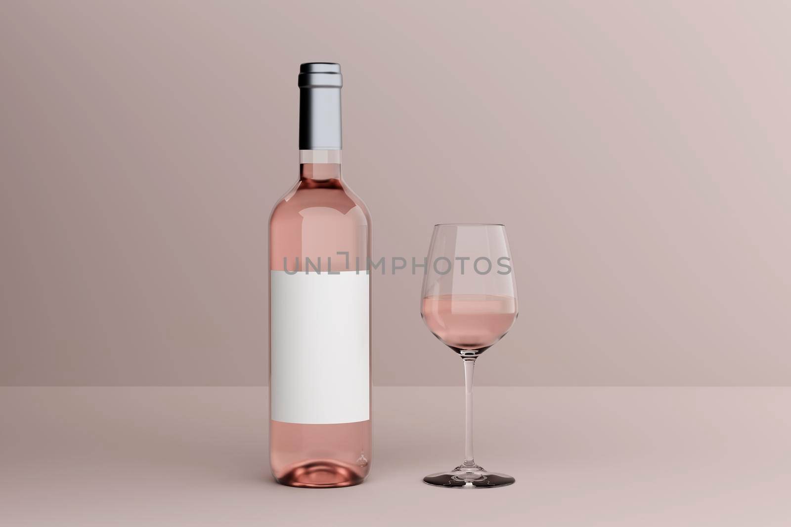 Bottle of rose wine with label and a glass goblet in photo-realistic style on a clear orange background. 3d realism illustration by raferto1973