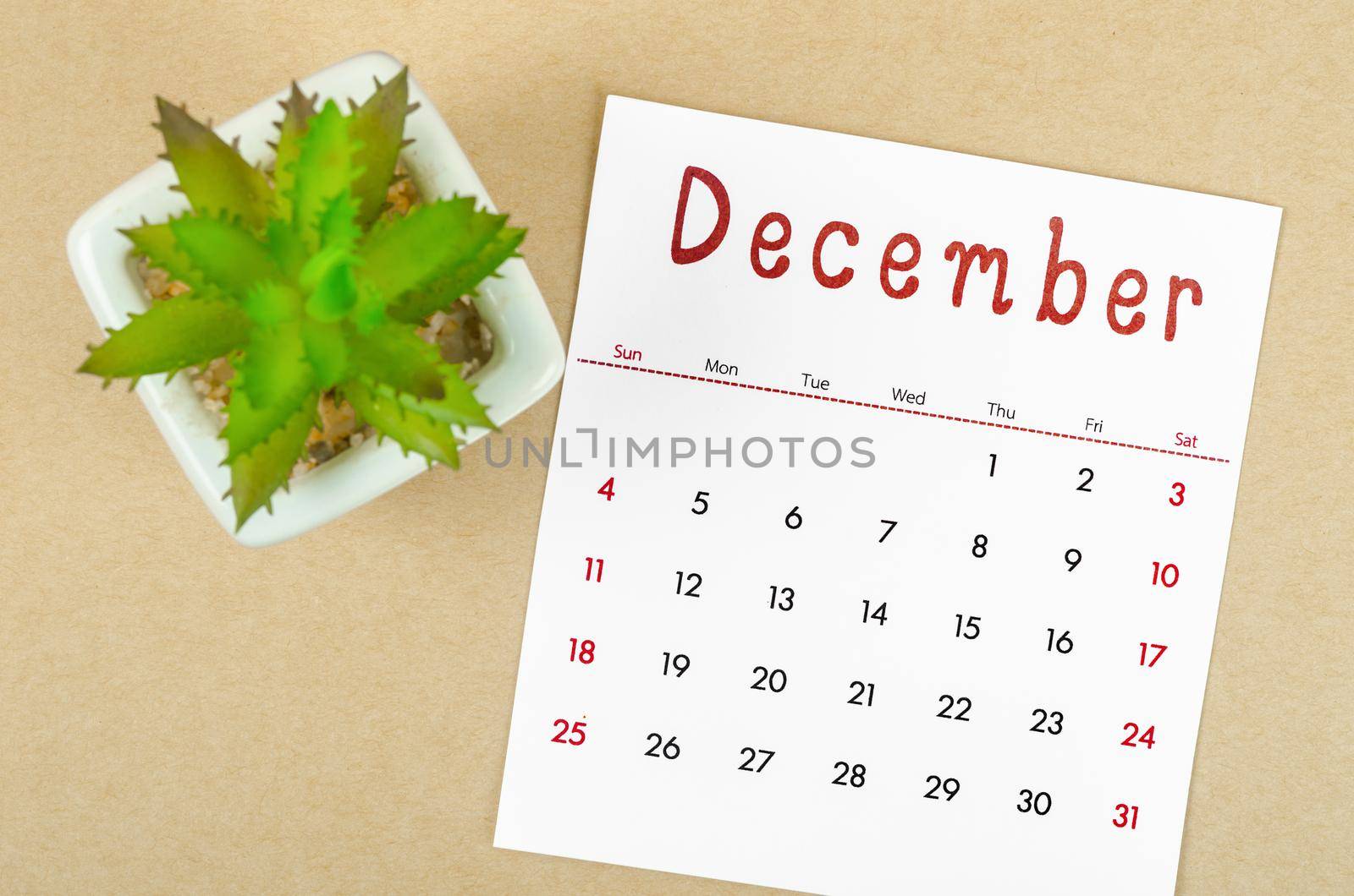 The December 2022 calendar with plant pot on brown paper background.