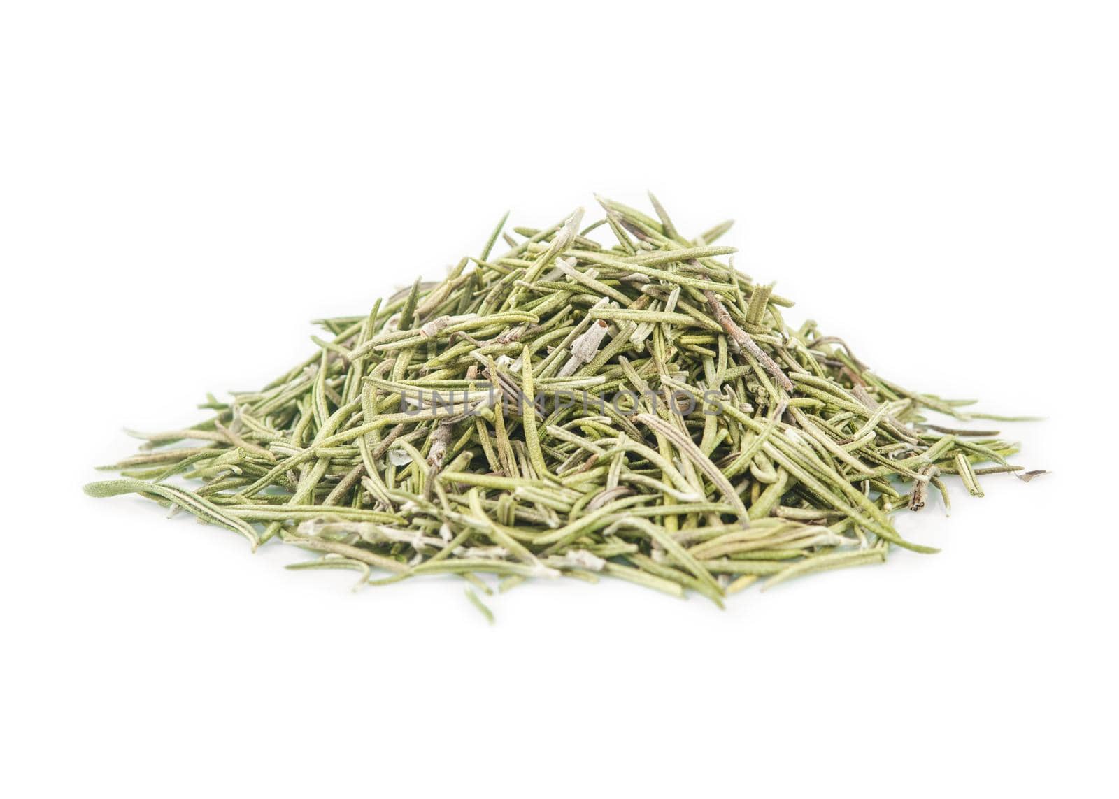 The Dried rosemary spice heap on white background.