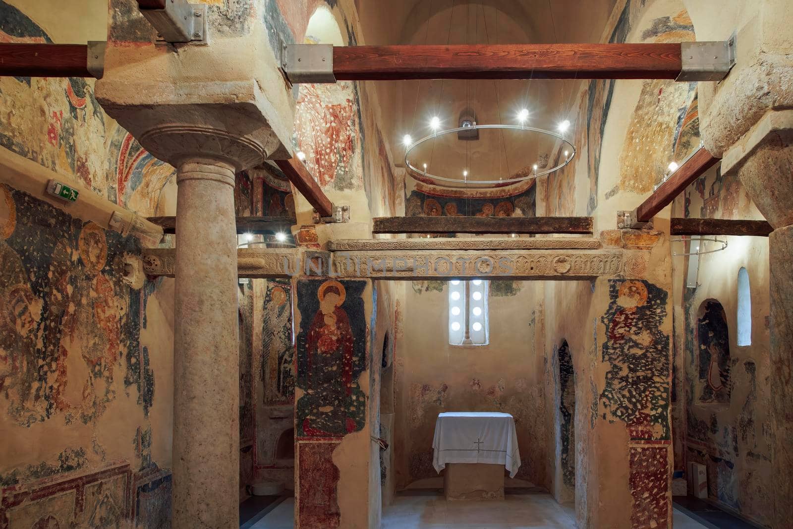 Greek Orthodox Holy Apostles Medieval Church interior with Palaeologan Byzantine art frescoes in Leontari, Arcadia Peloponnese.