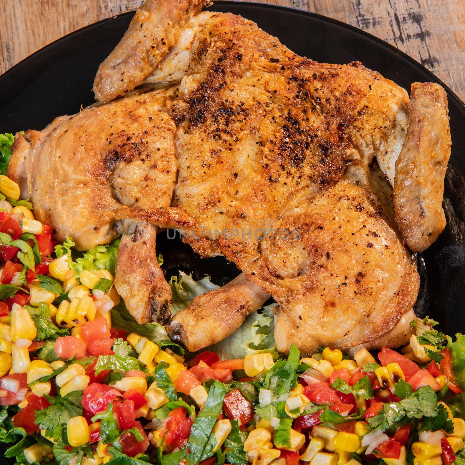 Chicken recipe, roast cockerel and its vegetables, corn condiment, High quality photo