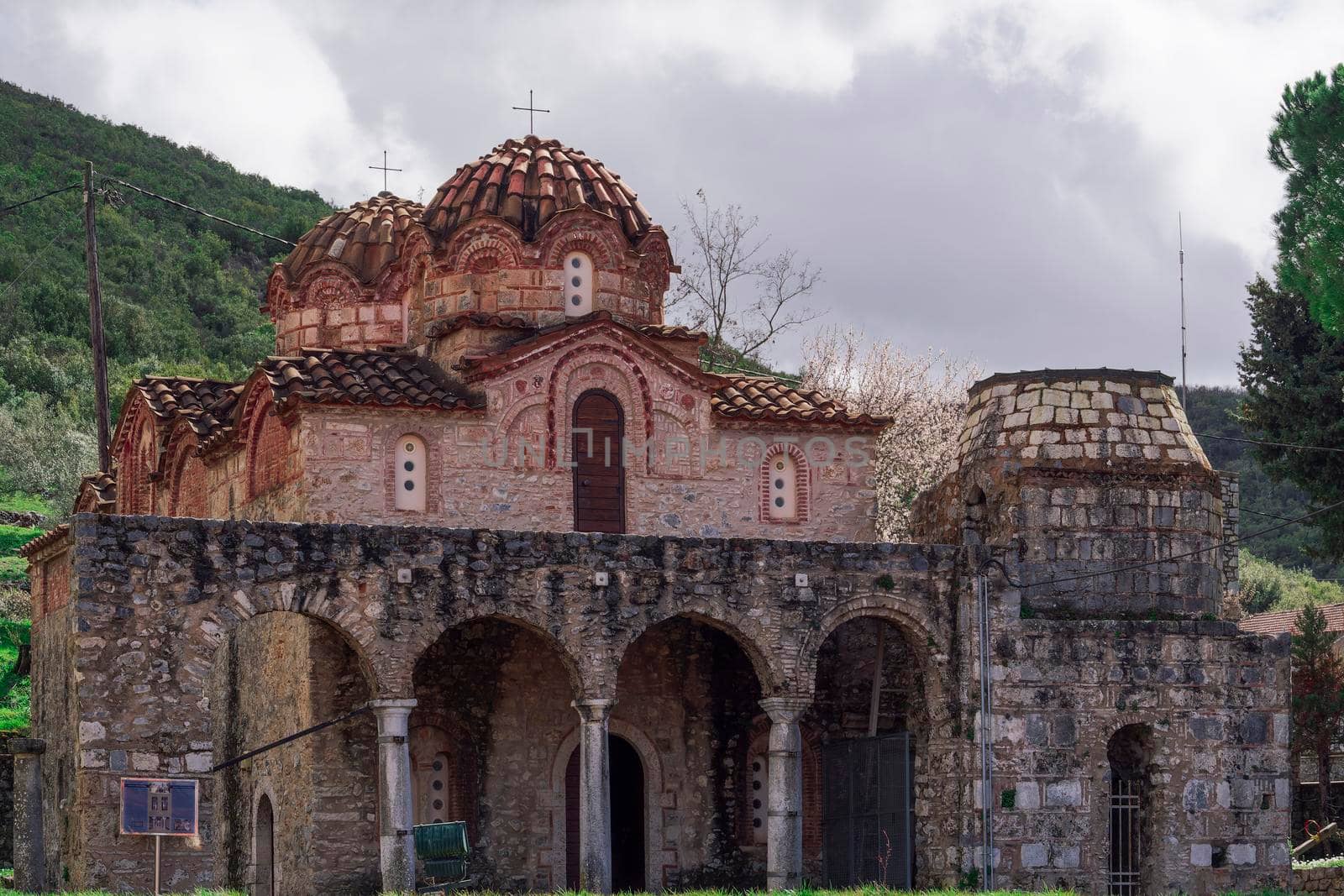 Greek Orthodox Holy Apostles Medieval Church exterior in Leontari, Arcadia Peloponnese.