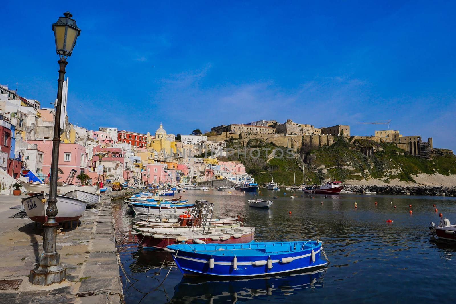 Traditional fishing port with nets and floats, Procida Island, Italy, High quality photo