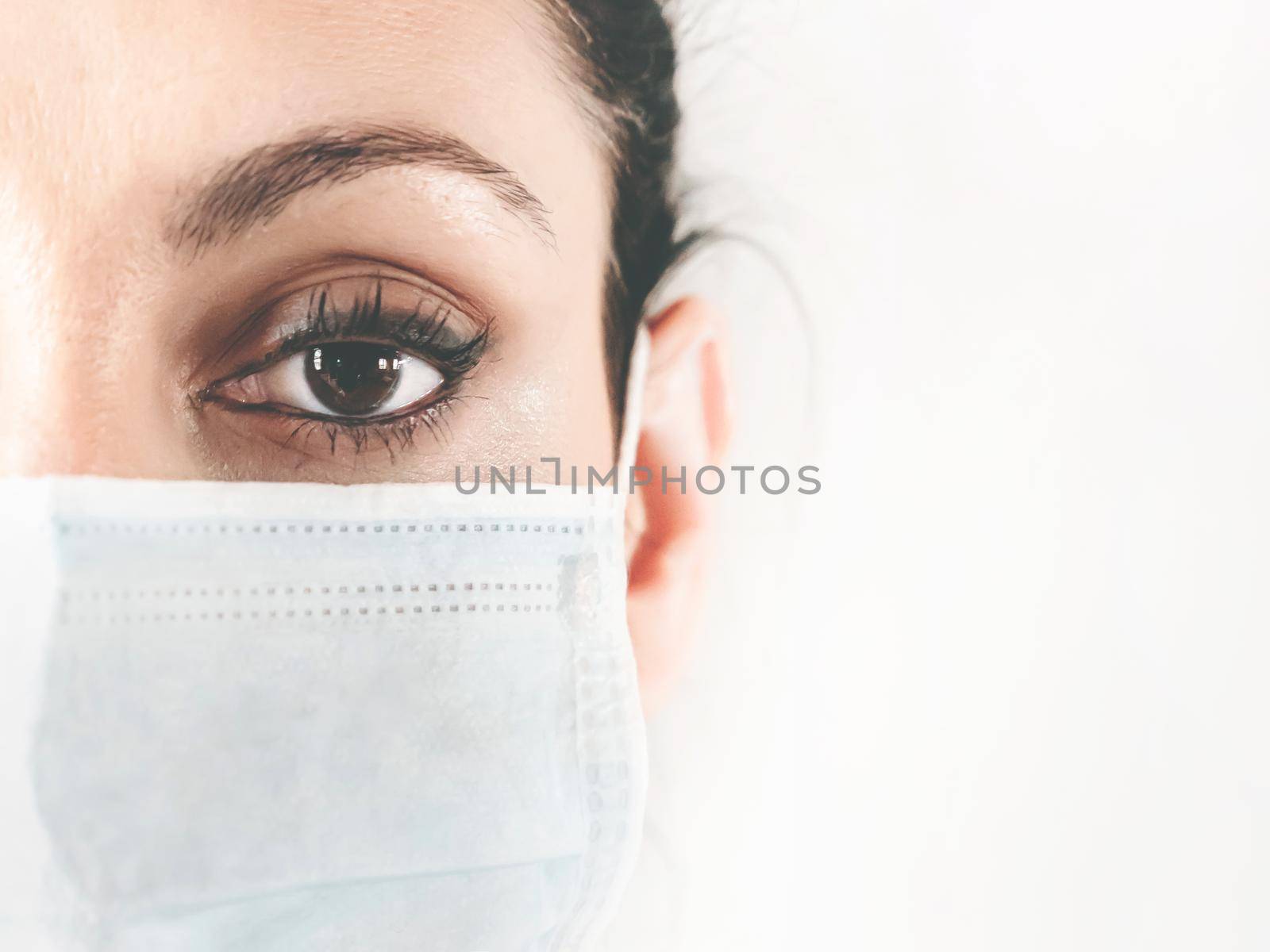 Surgical mask. Doctor in a medical mask. Close-up. Medical mask on woman face. Patient, nurse. Protection against COVID-19. Copy space.