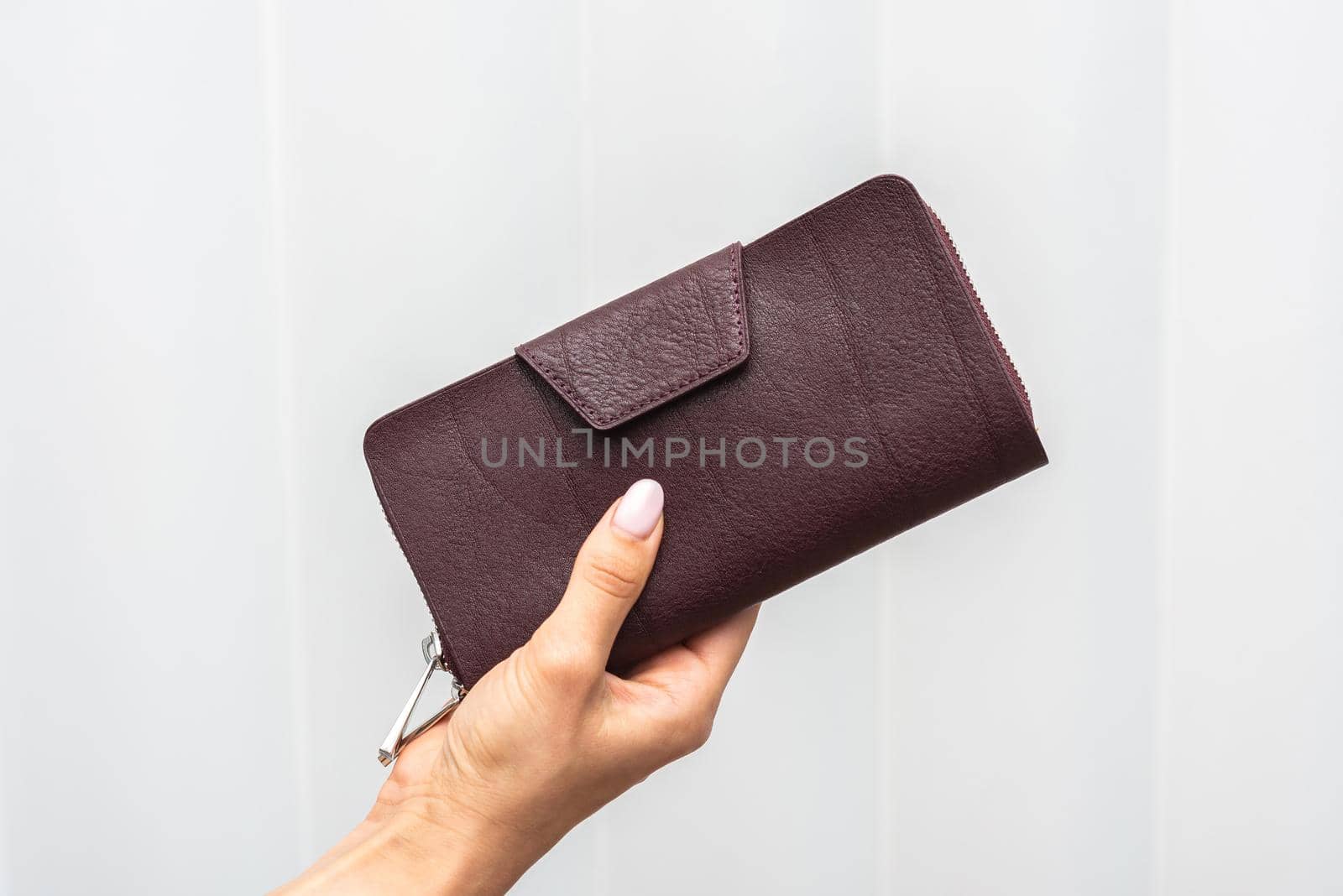 Wallet in hand on wall white background by wip3out