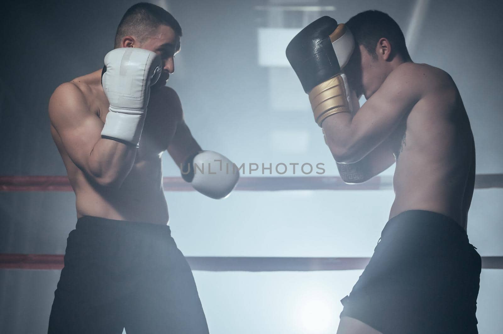 Two professional young muscular shirtless male boxers fighting in a boxing ring. by HERRAEZ