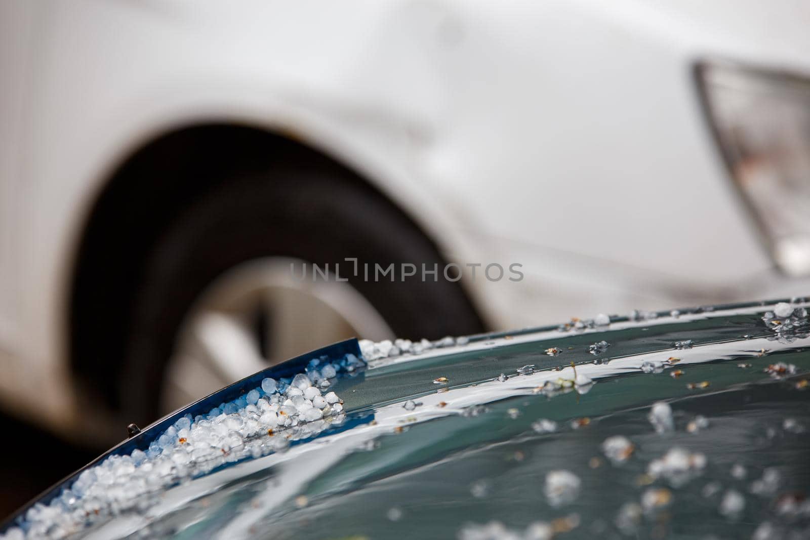 small hail ice balls on green car hood after heavy summer storm close-up with selective focus at daylight.