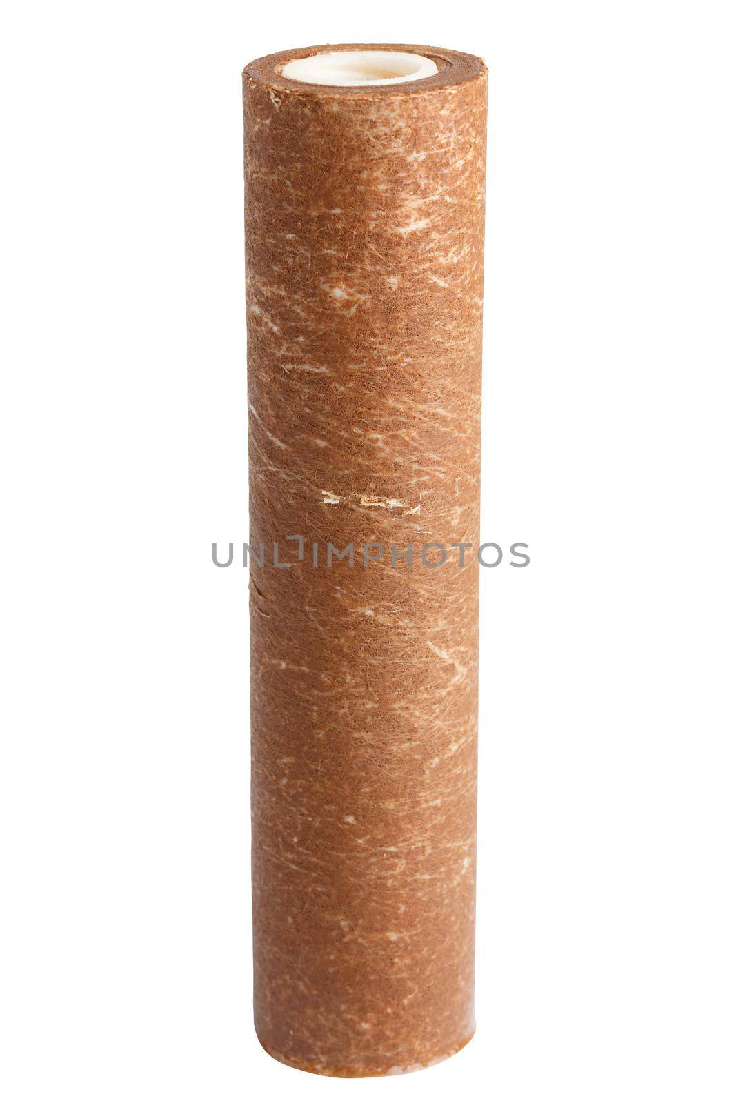 used rusty and dirt clogged mechanical polypropylene water filter PP 5 type 10SL isolated on white background with clipping path