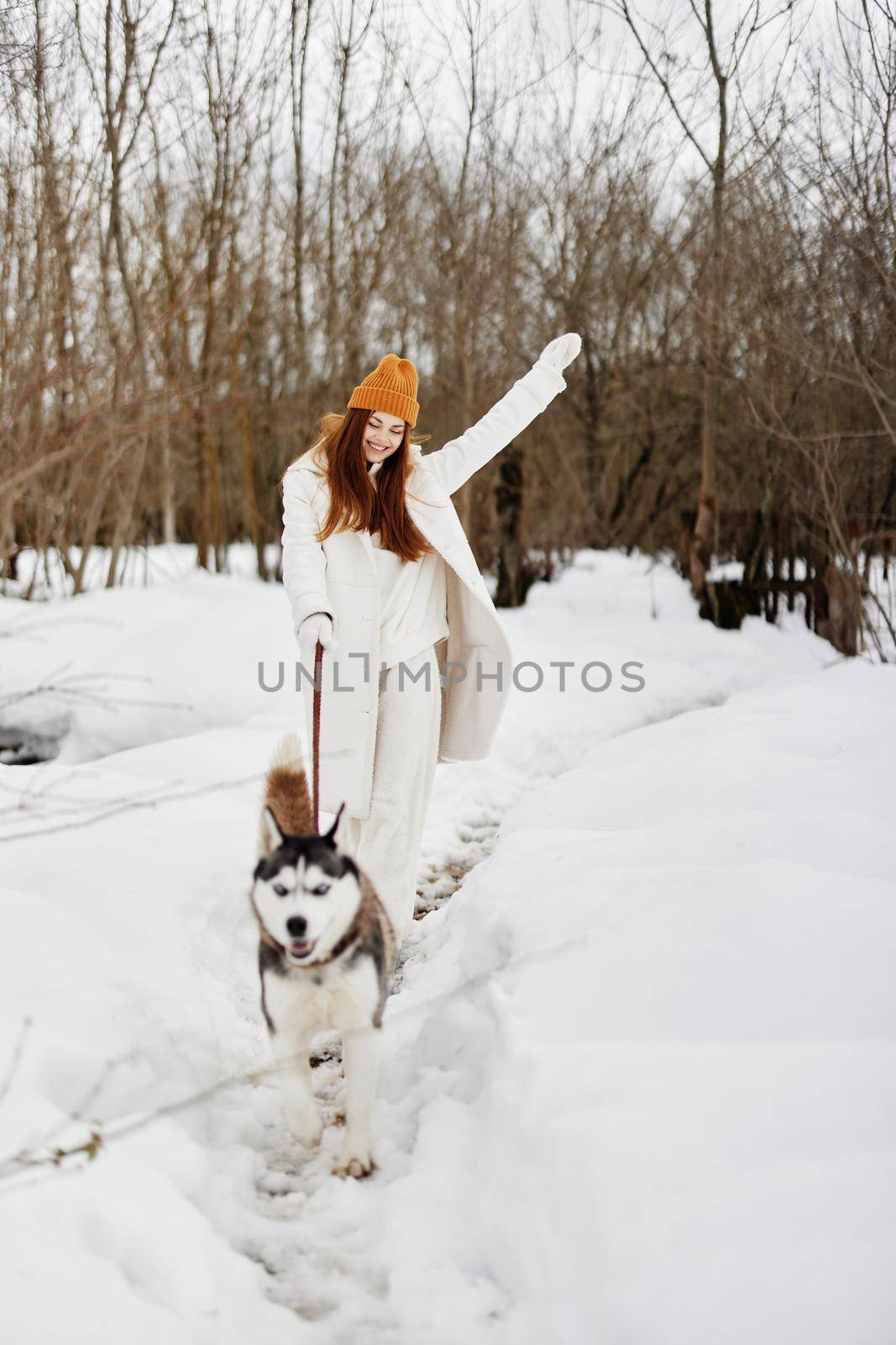 cheerful woman winter outdoors with a dog fun nature winter holidays. High quality photo