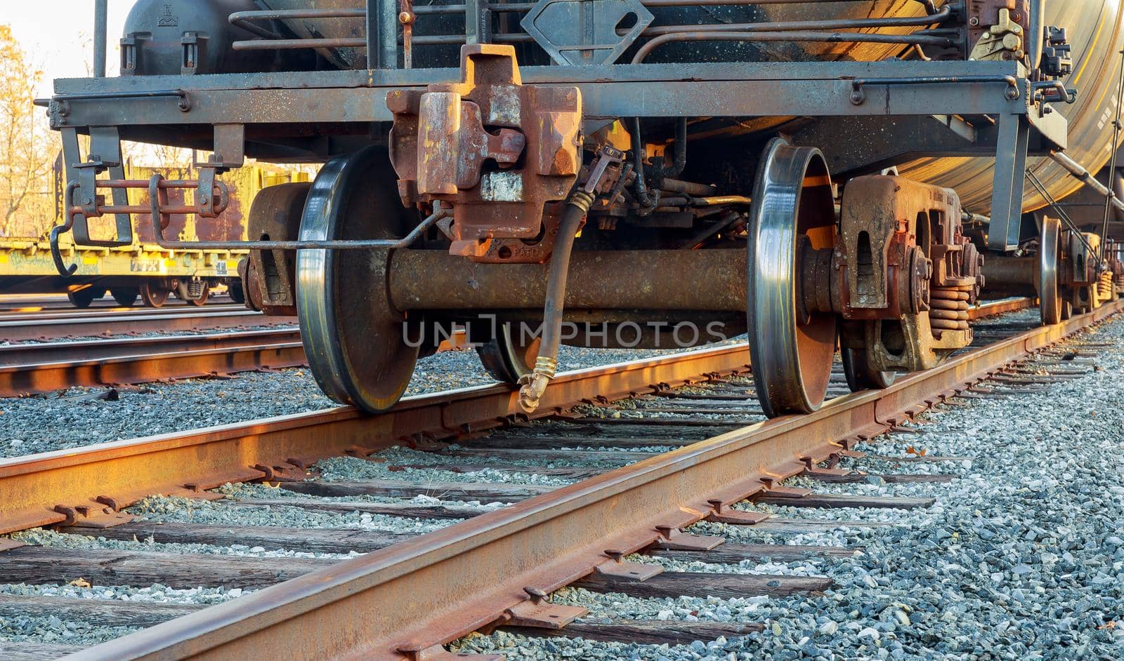 Railroad scene with cargo train road railway wagons