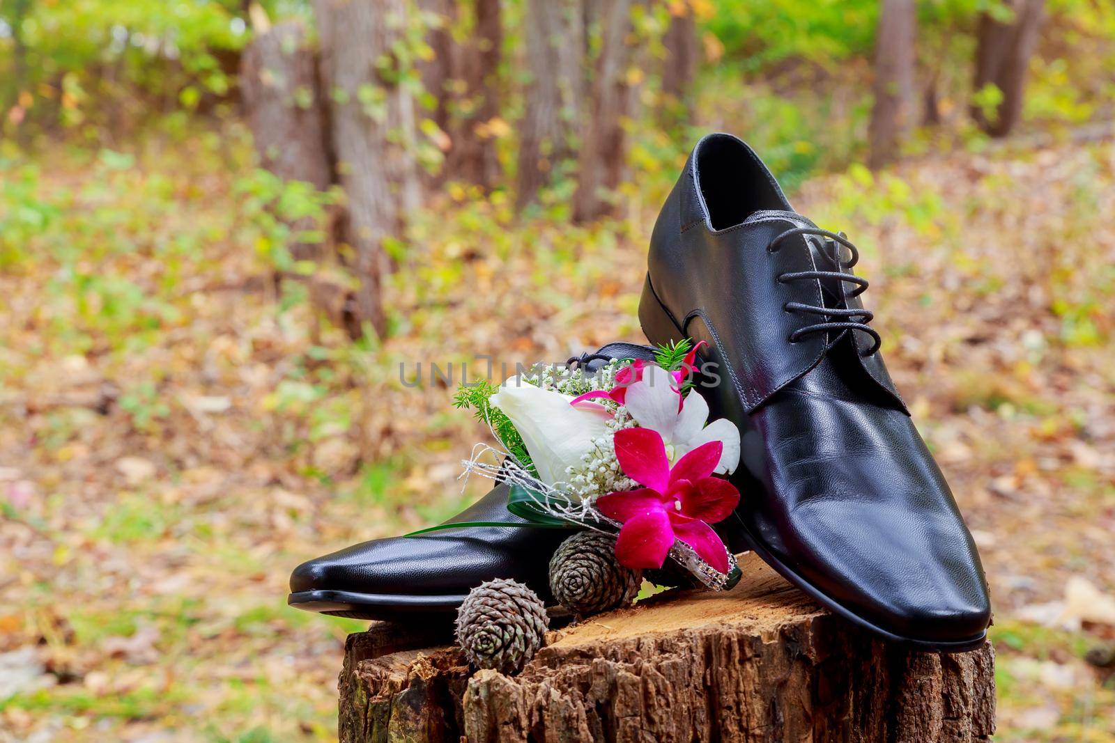 Wedding details. Groom accessories. Shoes, rings belt and bowtie