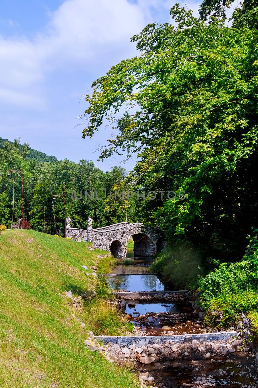 Bridge over a fast flowing river stream summer wood bridge